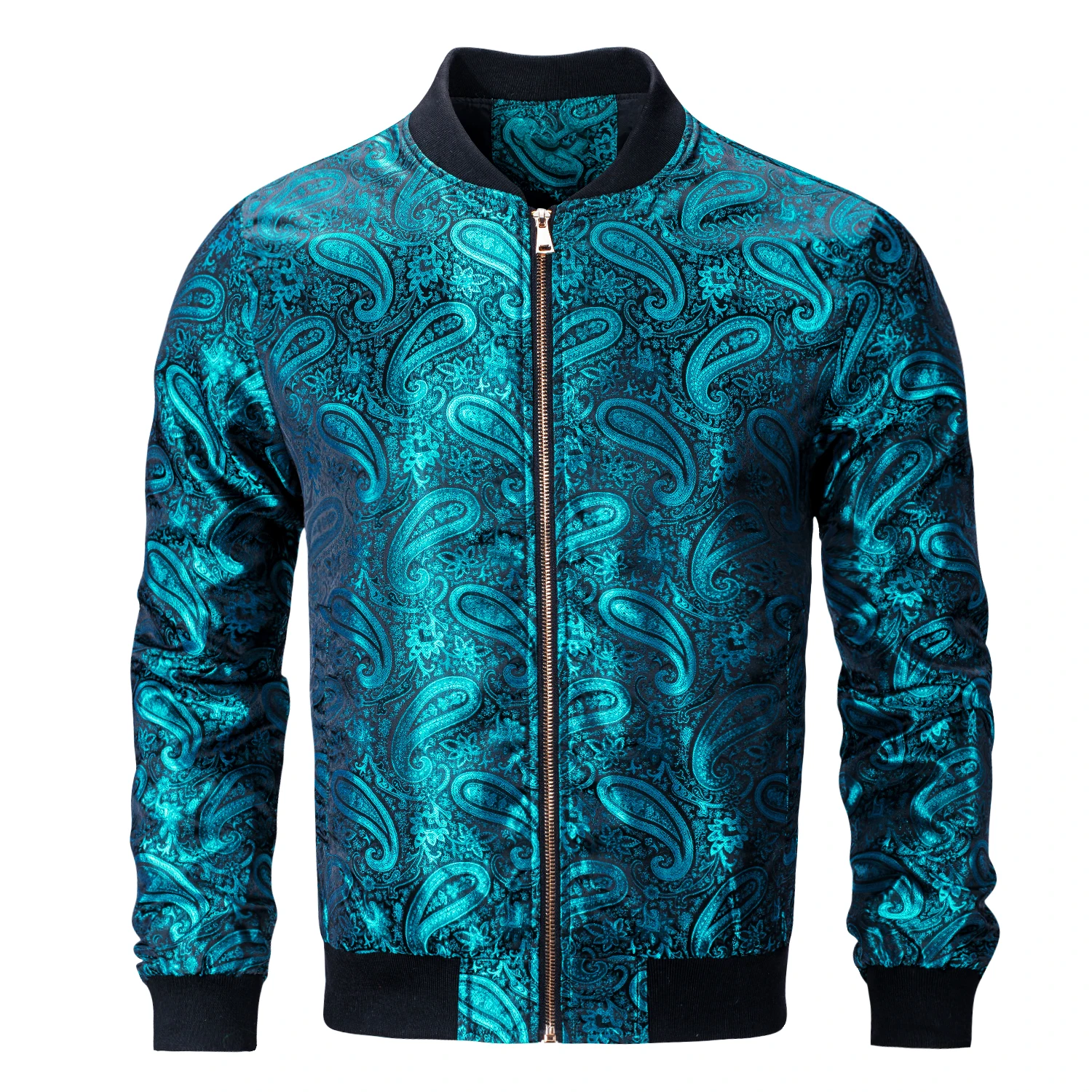 

Hi-Tie Teal Paisley Mens Jacket Jacquard Lightweight Bomber Casual Jacket Windbreaker Baseball Uniform Outdoor Sport Zipper Coat