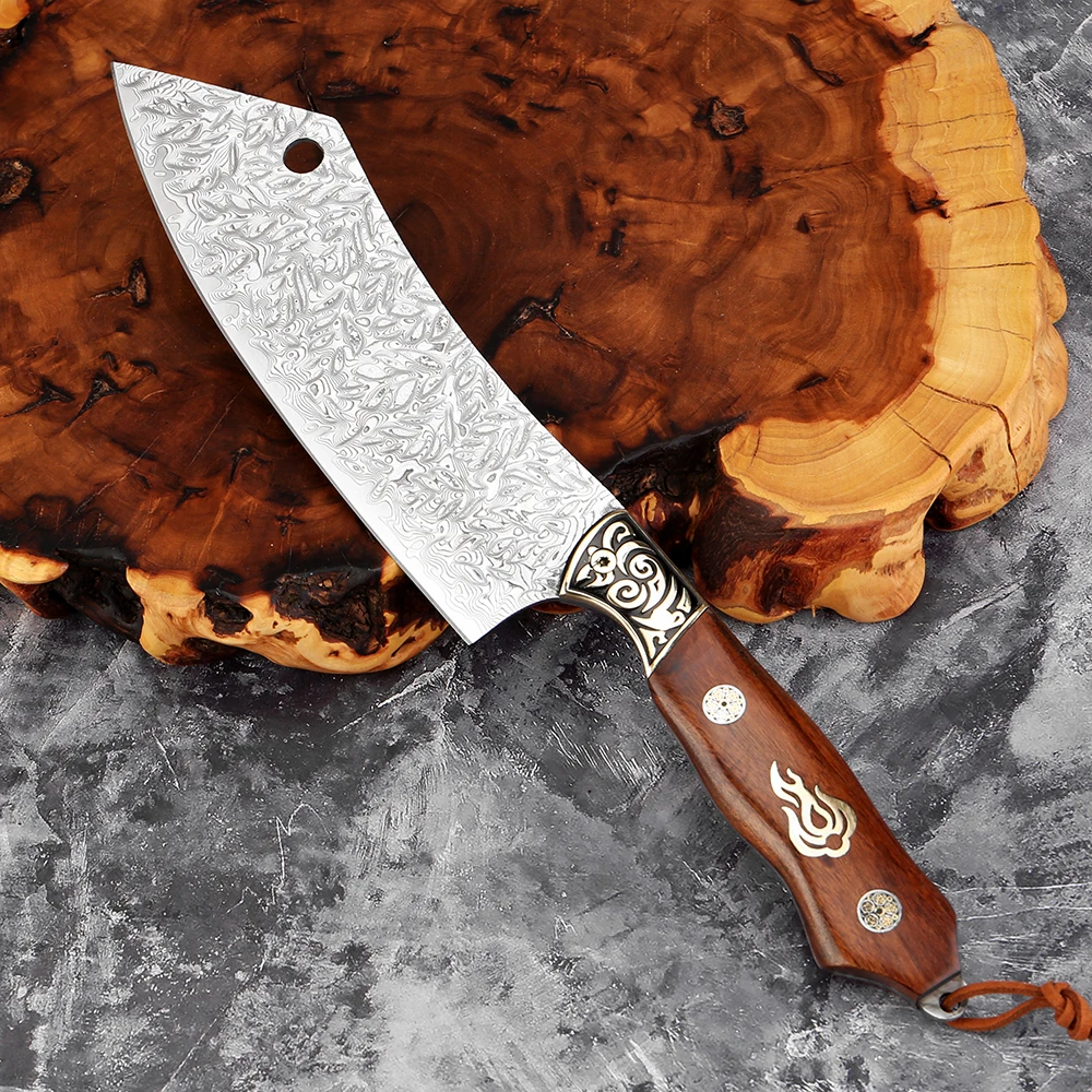 Premium Damascus Steel 7-inch Kiritsuke Knife with Engraved Pattern - Sharp Japanese Kitchen Knife for Slicing, Chopping Meat