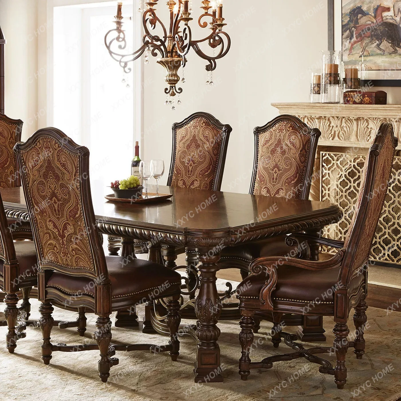Retro and old pure solid wood long dining table log hand-carved long dining table and chair combination customization