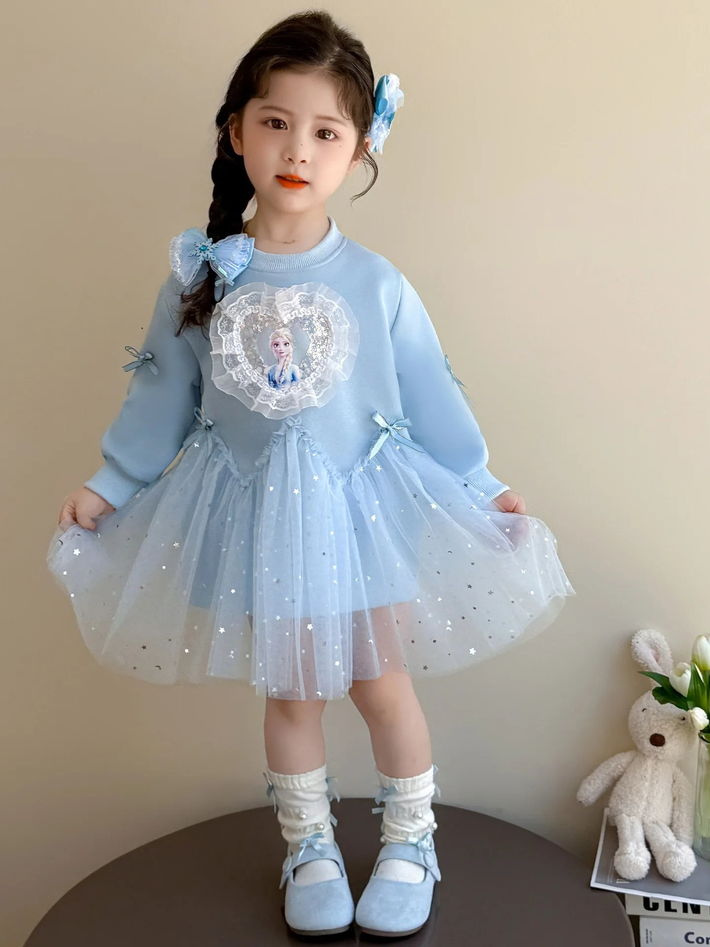 

Новое осеннее платье принцессы Эльзы для девочек, синие сетчатые платья с круглым вырезом и бантом, милая юбка трапециевидной формы с блестками для девочек Диснея