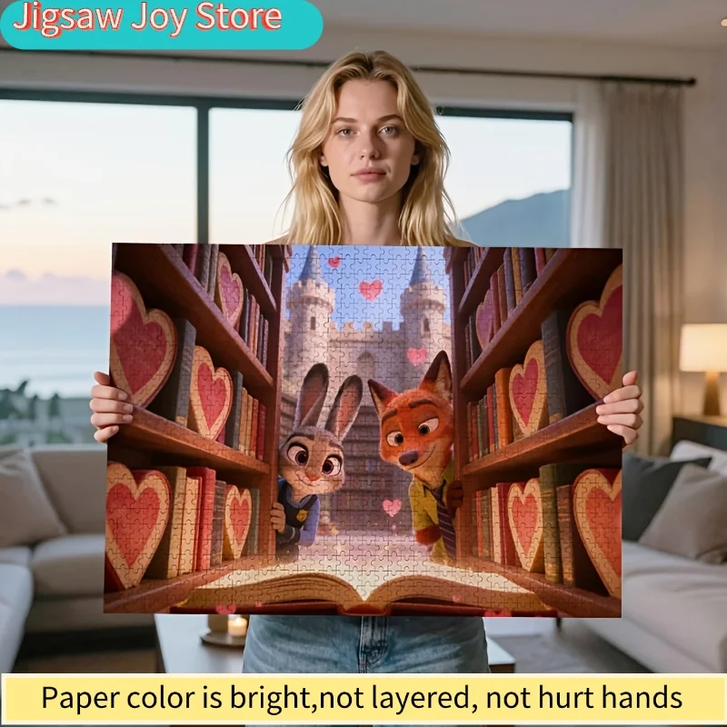 2D Flat, 1000pcs Disney Zootopia Judy Nick Bookcase Puzzle | Heart Books Castle, Valentine'S Day Romantic Gift, Cute Decor for