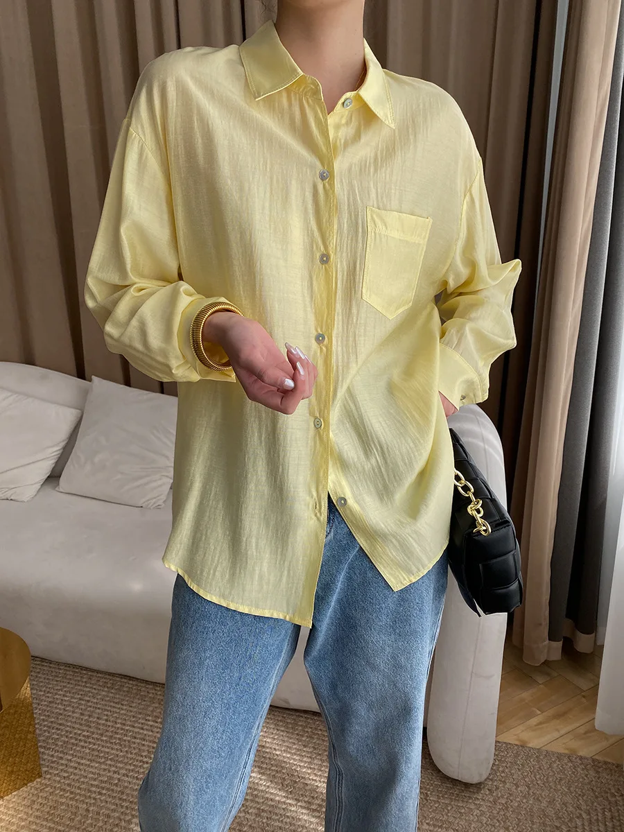 Camicia ampia con decorazione tasca lunga con risvolto tinta unita casual da donna primaverile ed estiva