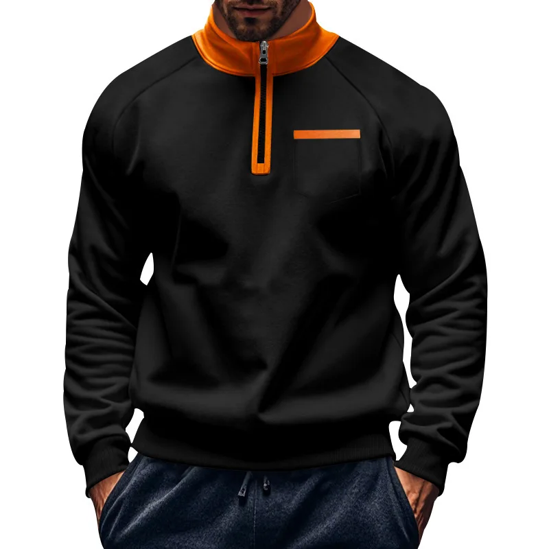 Men-Fleece-Lined-Half-Zip-Sweatshirt-Stand-Collar-Color-Block-Pocket-Pullover-Autumn-Winter-Loose-Casual-Warm-Long-Sleeve-Tops