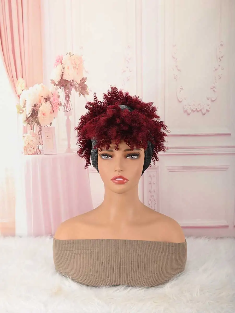 Headband Wig Curly Headband Wig With Bangs For Women Synthetic Afro Curly Hair Wig With Headband Attached Short Kinky