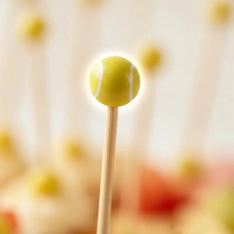 Disposable Decorative Fruit Picks 100Pcs 120mm Yellow Tennis Print for Wedding Engagement Cocktail Party Decor