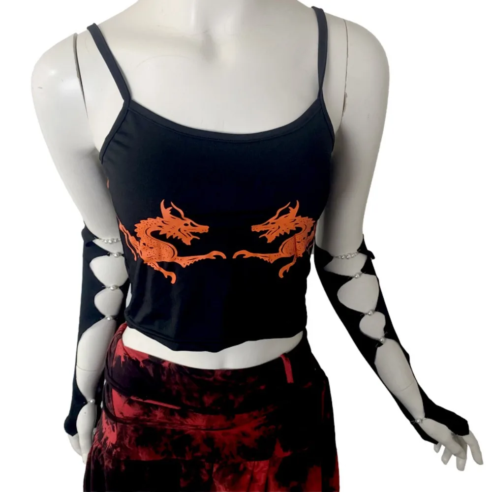 UV Protection Cool Black Punk Arm Sleeves Thin Springy Pearl Half Finger Arm Cover Leg Socks Y2K Hollowed Calf Sleeve Girls