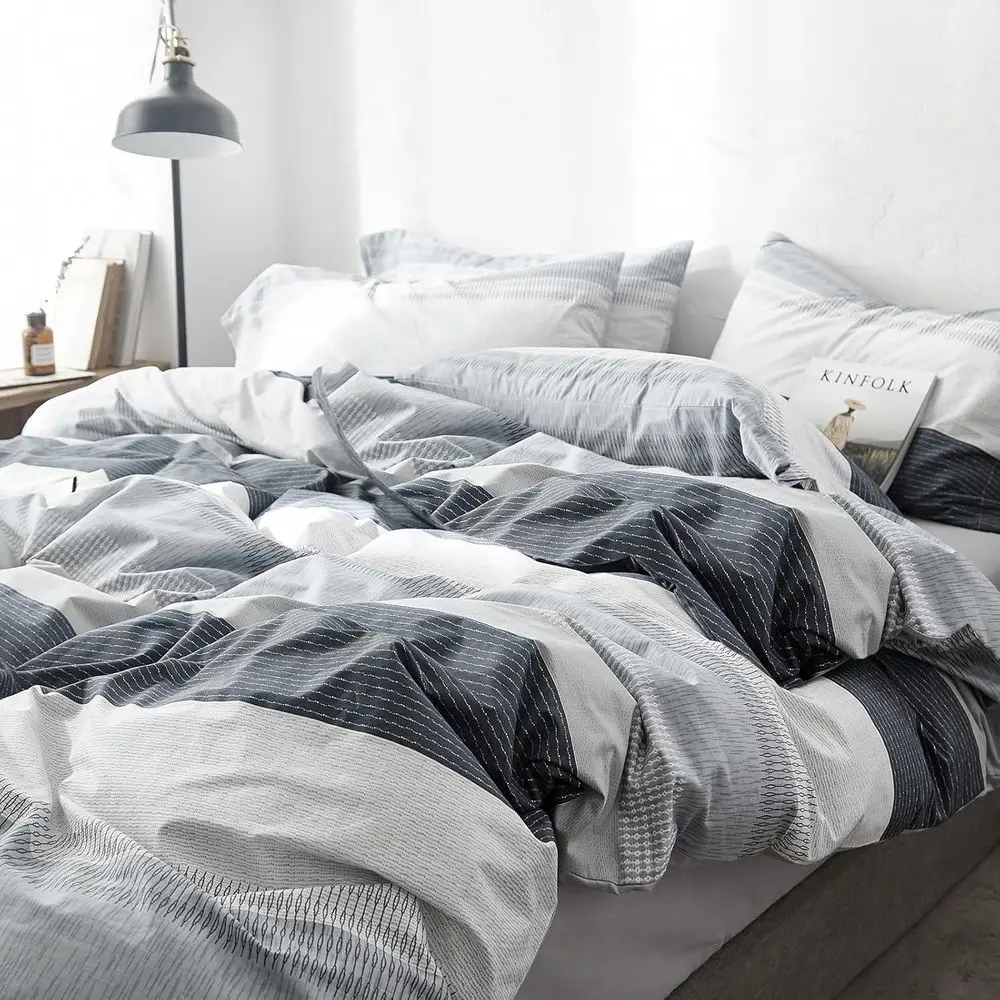 Queen Gray Stripe Comforter Set with Geometric Pattern for Men, Fluffy and All-Season, Includes 1 Comforter & 2 Shams