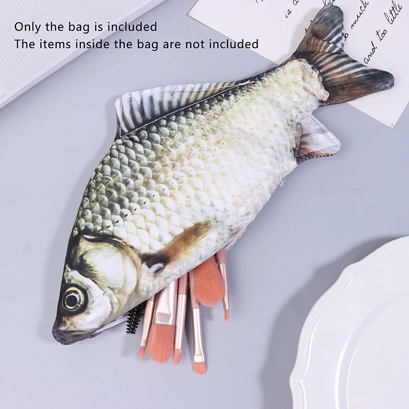 Bolsa de caneta de carpa cruciana, bolsa de maquiagem em formato de peixe realista, estojo de lápis com zíper, bolsa de lápis de volta às aulas