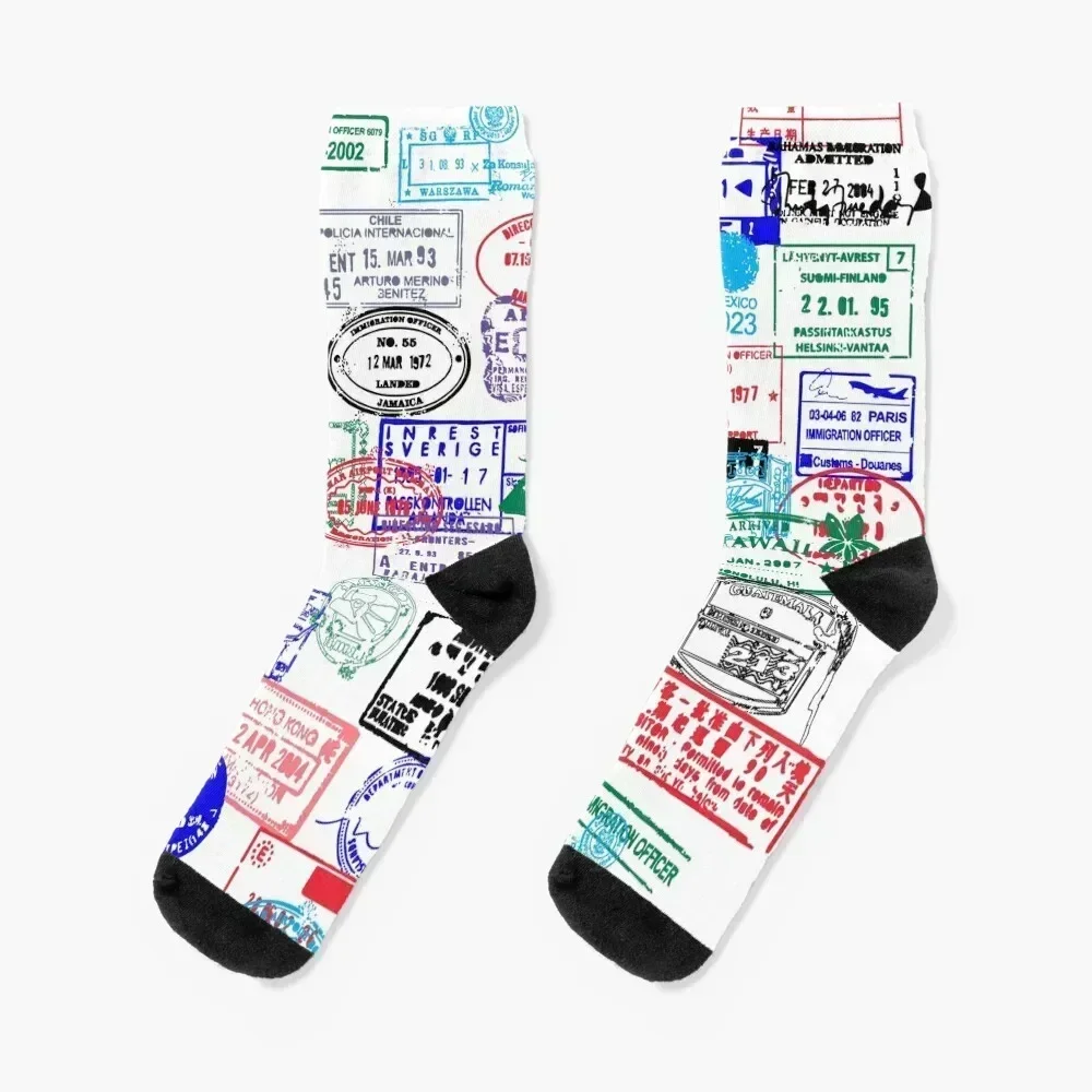 

Series Of World Travel Passport Stamps Socks set Hiking boots floral shoes Socks Ladies Men's