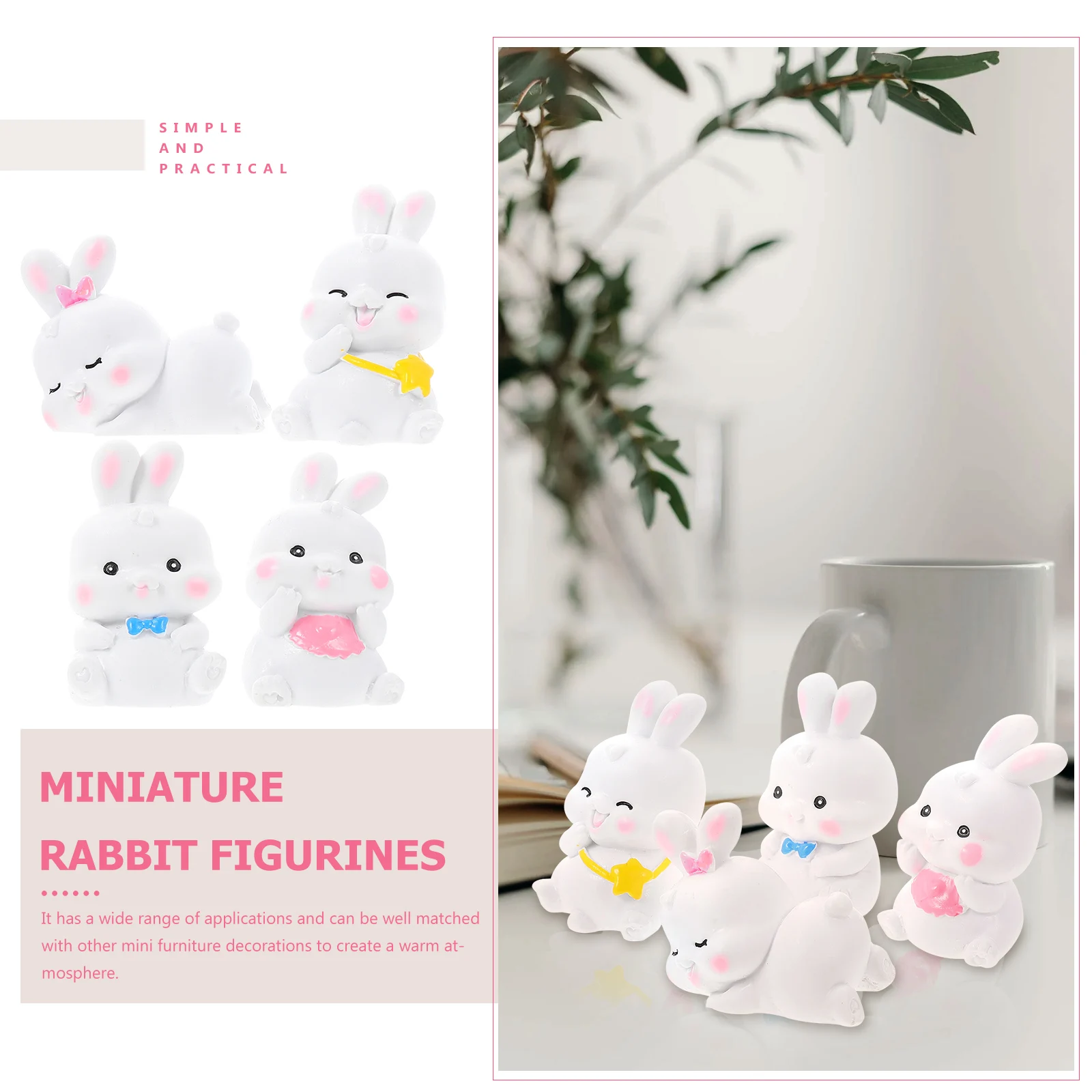 

4pcs Mini Rabbit Ornament Resin Bunny Garden Decoration Small Bunny Micro Landscape Ornament Gardening Ornaments Gift For