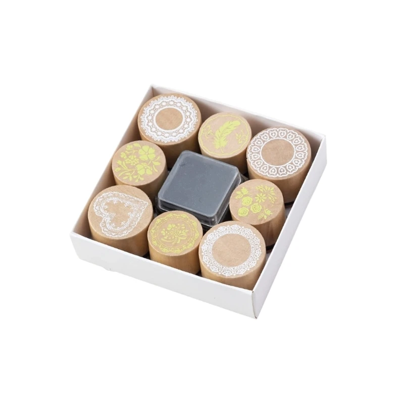 W89C 8Pcs Flower Stamper with Inkpad Vintage Craft Stamp for Card Making Scrapbooking