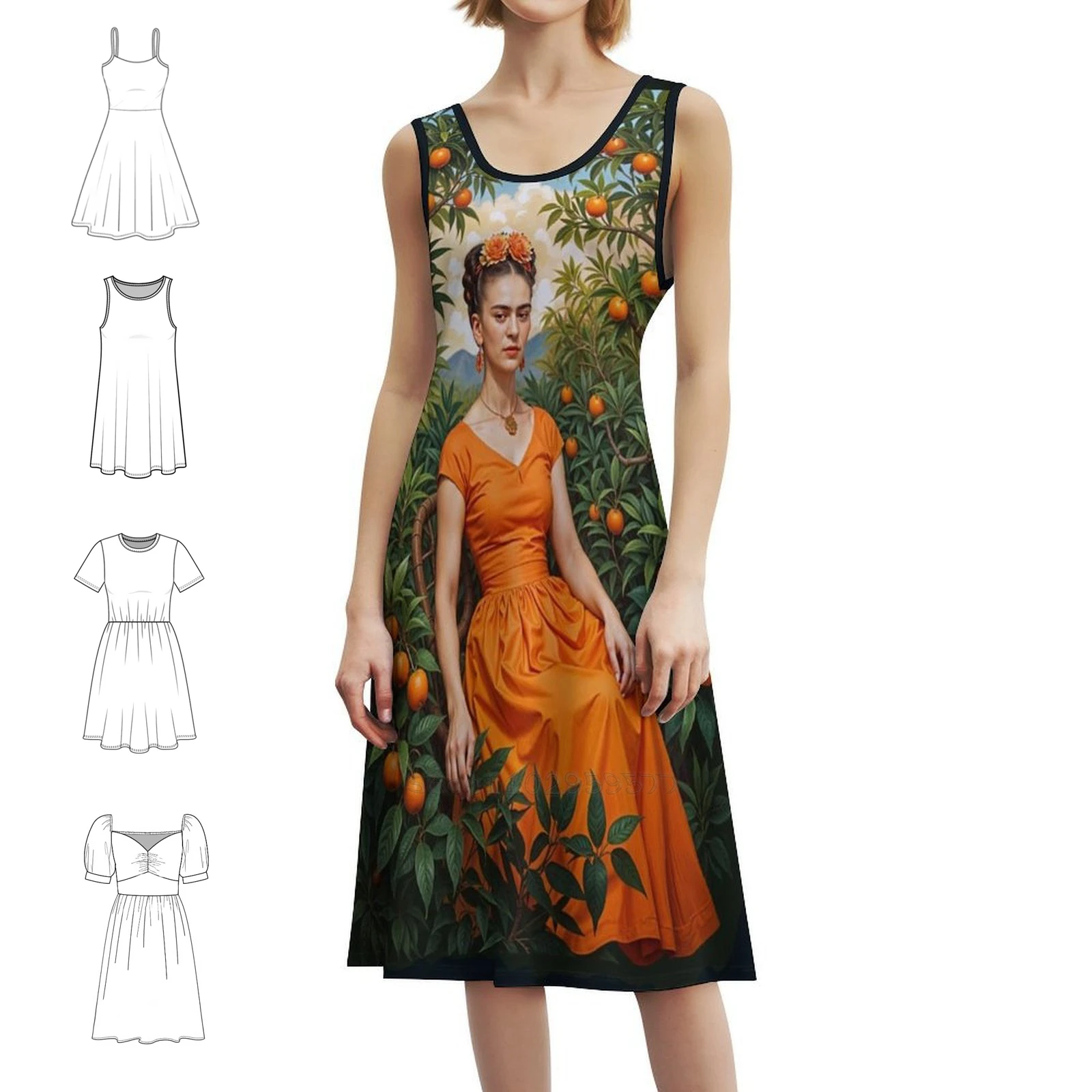 فستان بوهيمي محاط بشجرة برتقالية بدون أكمام متعدد الطباعات لحفلات عطلة الشاطئ برتقالي كاهلو فن شجرة برتقالية #1