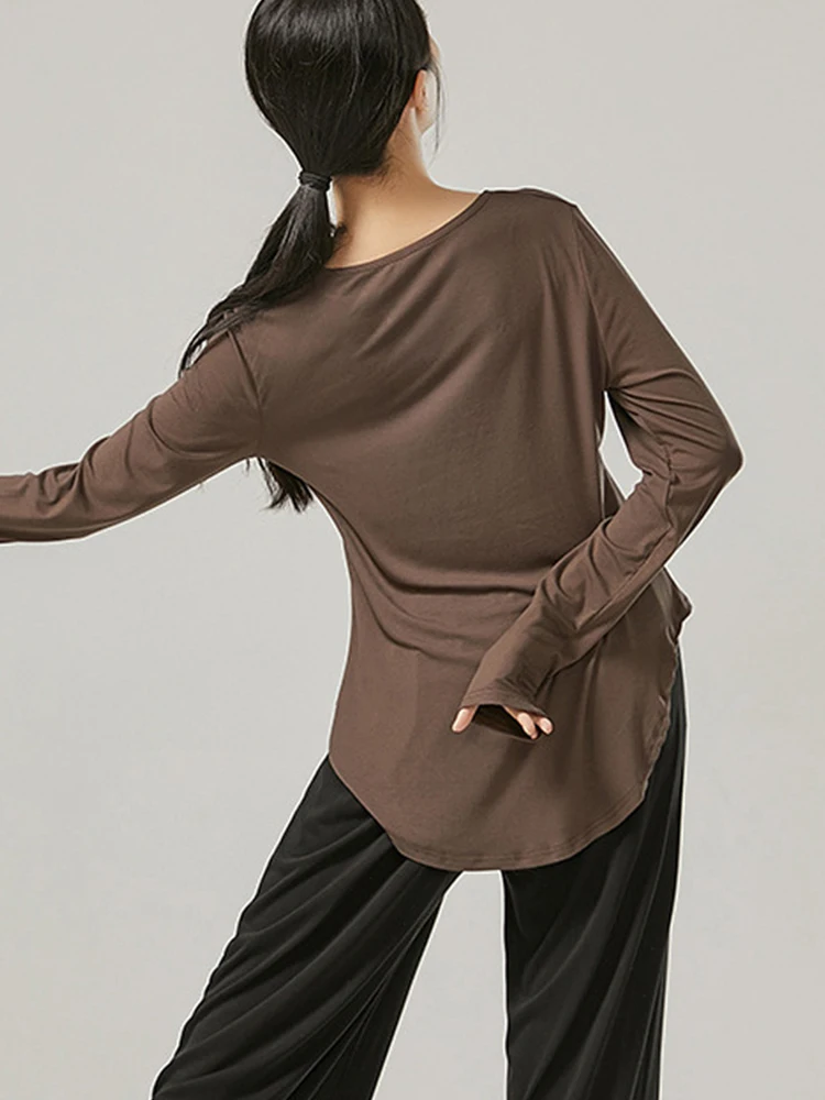 Women Yoga Shirt V-Neck Long Sleeve Modern Dance Top Breathable Classical Hip Hop Latin Training Blouse Dancing Cover Up