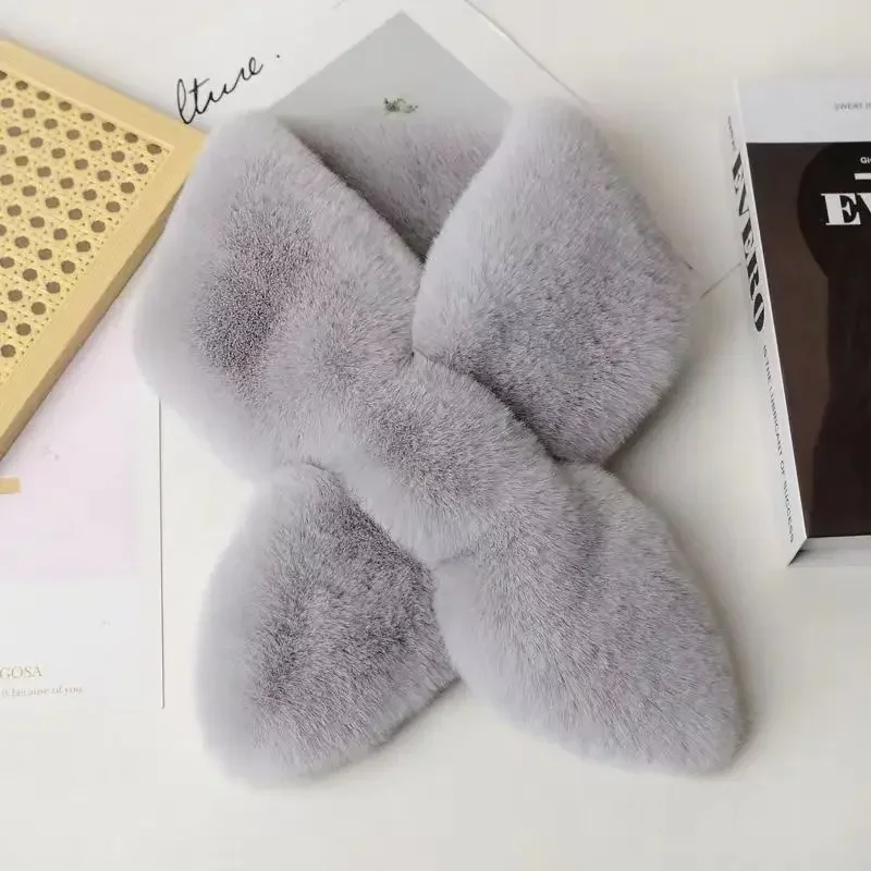 

New Solid Color Artificial Rabbit Fur Plush Shawl Wrap Neck Warm Scarf Winter Women Warm Thick Cross Tie Scarf Woman Neck Scarf