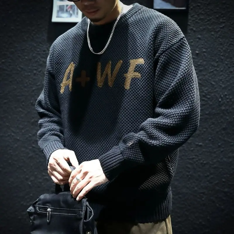 

Осень-зима, новый повседневный японский ретро круглый вязаный свитер, мужской свободный свитер большого размера для отдыха, модная пряжа, S...