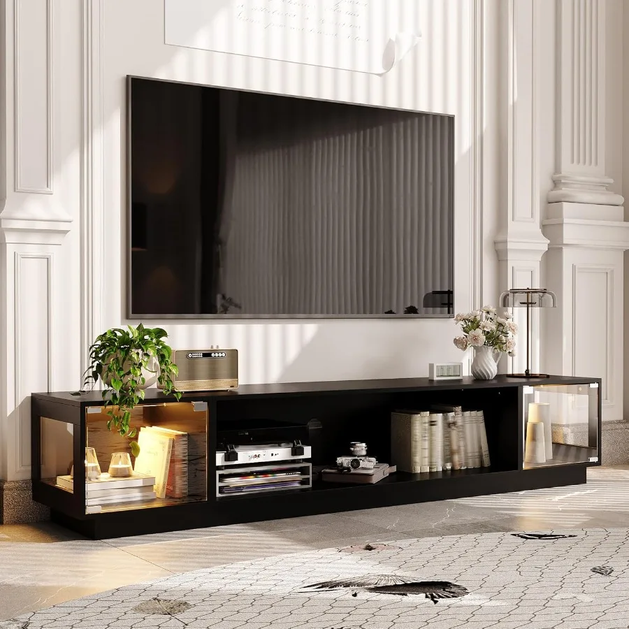 

Подставка под телевизор 78,7 Вт для телевизоров с диагональю до 85 дюймов Современный деревянный шкаф для медиаконсоли со стеклянными дверцами Открытая полка Многоцветная подсветка Черный