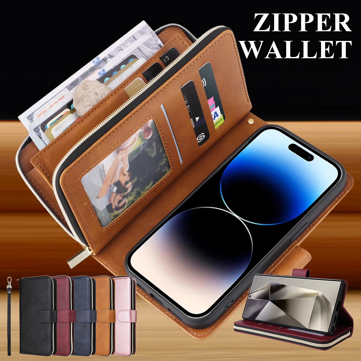 Funda Cartera de Cuero con Cremallera para iPhone 17 Pro Max, 16 Pro Max, 15 Plus, 14, 13, 12, 17e, 16e PM, con Ranuras para Tarjetas y Dinero, Estuche para Teléfono
