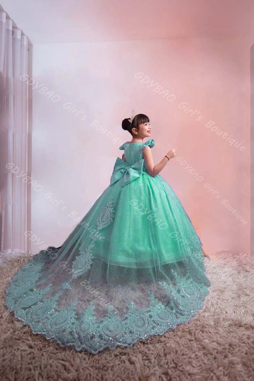 فستان الأميرة للفتيات الأزرق مزين بالخرز من التول فستان فتاة الزهور مع ذيل قابل للانفصال/فيونكة مخصصة للحفلات