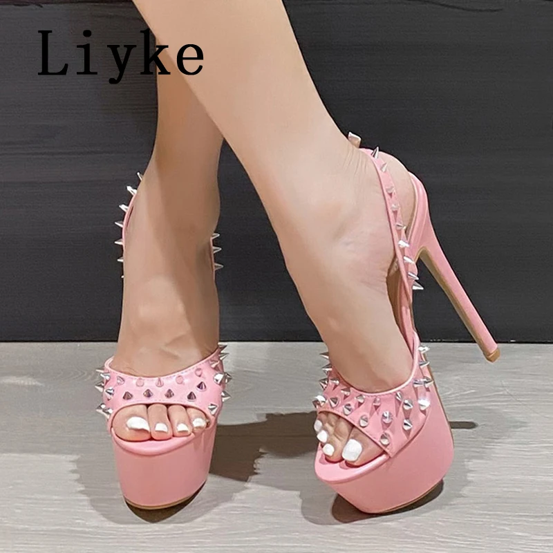 Liyke Brand Design Metal Rivet Open Toe Pink High Heels Platform Sandals For Women Summer Fashion Back Strap Party Dress Shoes