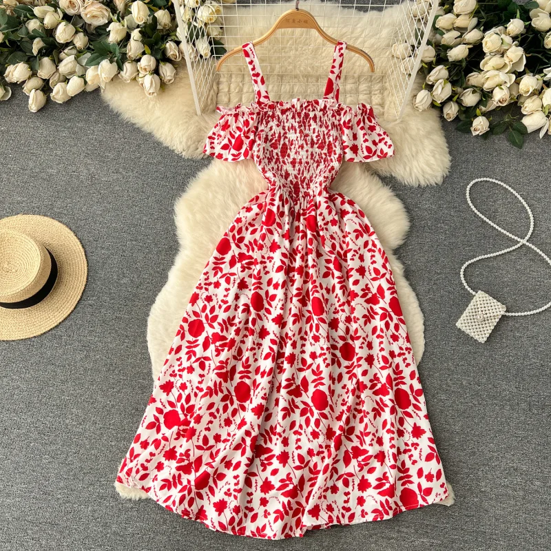 boho vintage donna estate sexy spalle scoperte stampa floreale abito lungo cinturino per spaghetti vacanza al mare 2025 eleganti abiti tunica