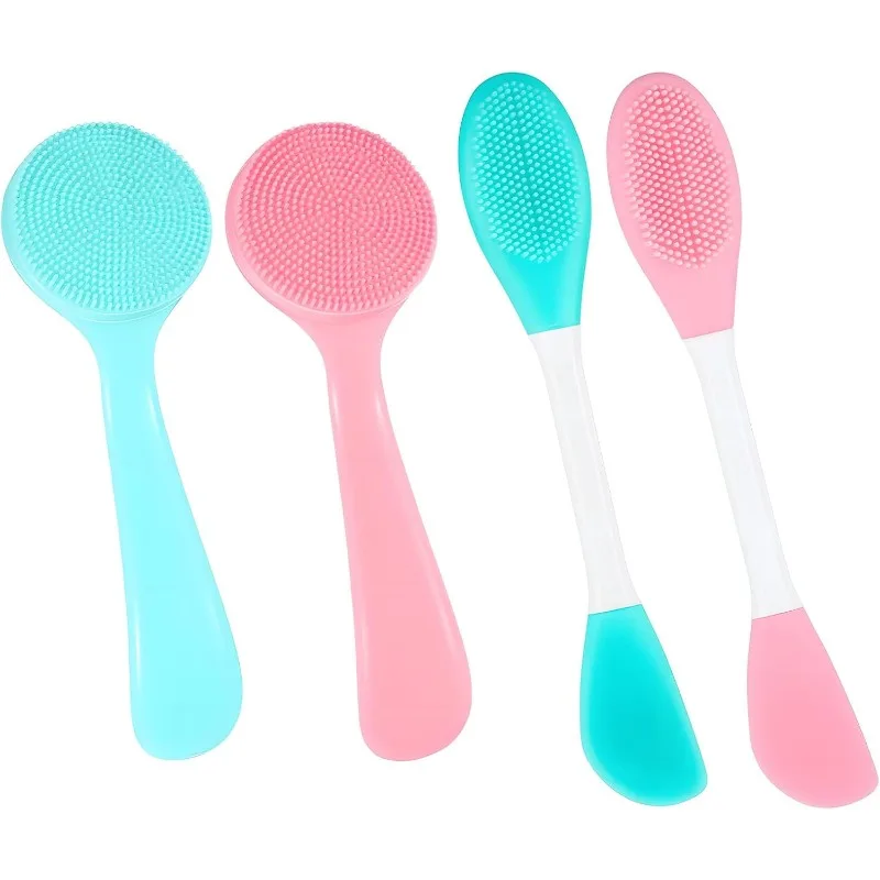 4 Pack Silicone Facial Cleansing Brush Manual Faces Scrub Brushes 2 in 1 Silicone Face Mask Brush & Face Scrubber Skin Friendly Soft Bristles for Blackheads Makeup Residues Removal