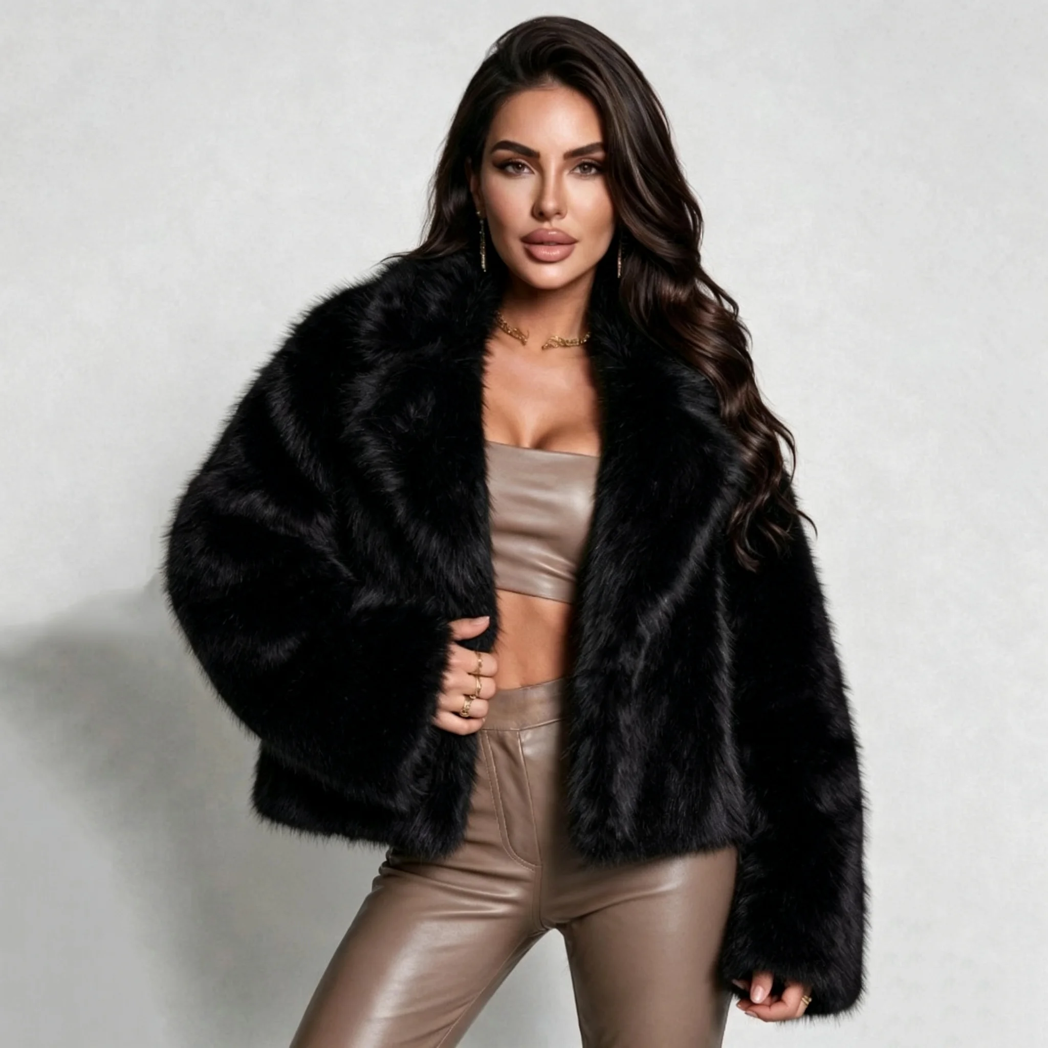 IG Women Faux Fur Short Coat Lapel Long Sleeve Warm Thick Outerwear Autumn Winter Fashion Party Casual Overcoat