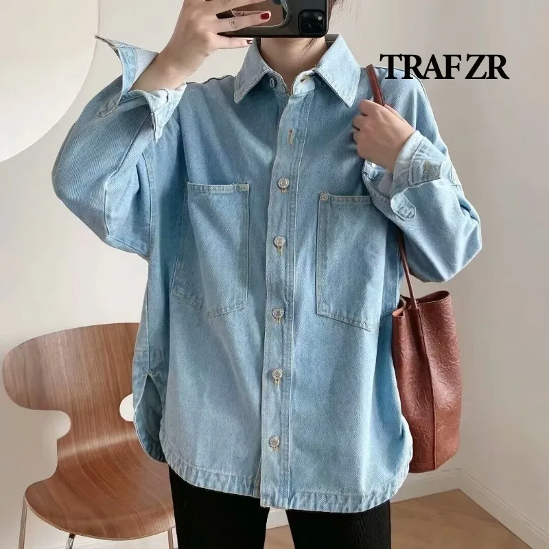 TRAF ZR Women\'s Denim Jackets New in Outerwear Jeans Long Sleeve Bomber Jackets Spring Harajuku Y2k Fashion Korea Denim Shirt