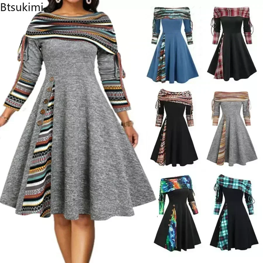 2024 Women\'s Casual Long Dress One Sholuder Punk Style Elegant Autumn Winter High Waist Gothic Maxi Work Dress Female Vestidos