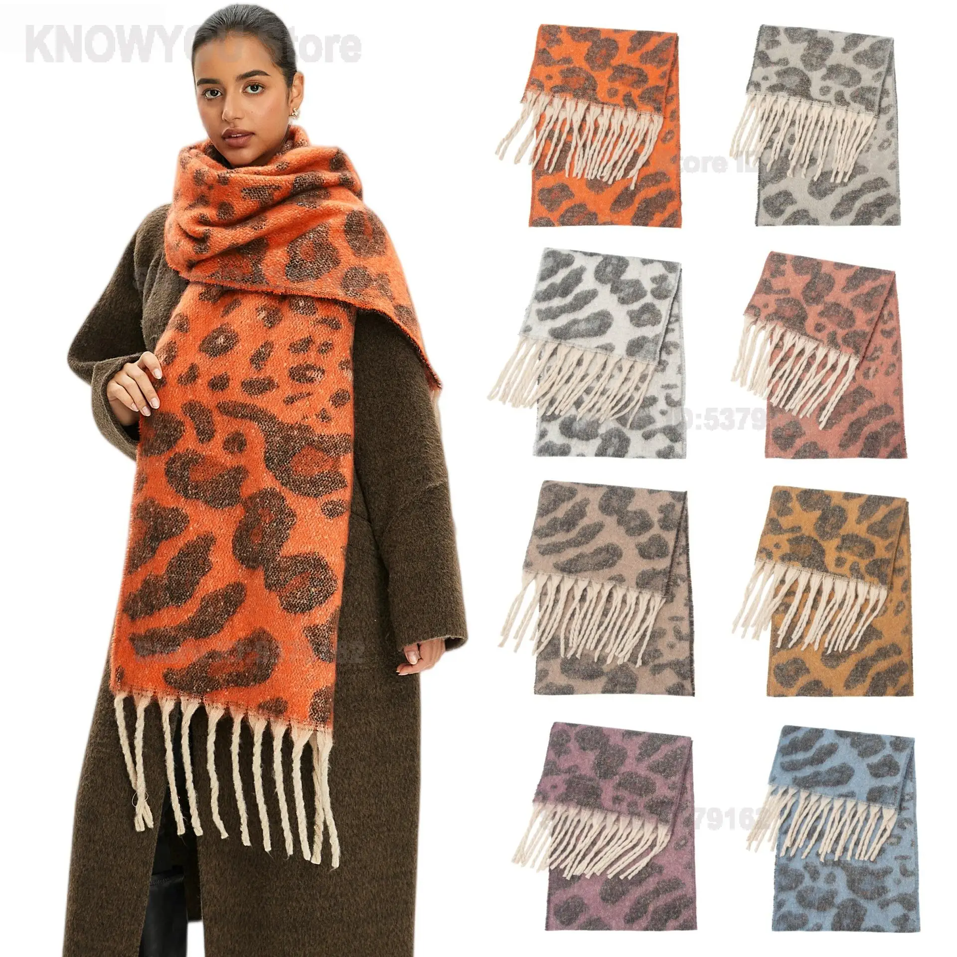 Women 2026 New Faux Mohair Mixed Size Leopard Print Scarf Circle Yarn Thick Tassel Thickened Warm Shawl Fashion Ladies Neck Wrap