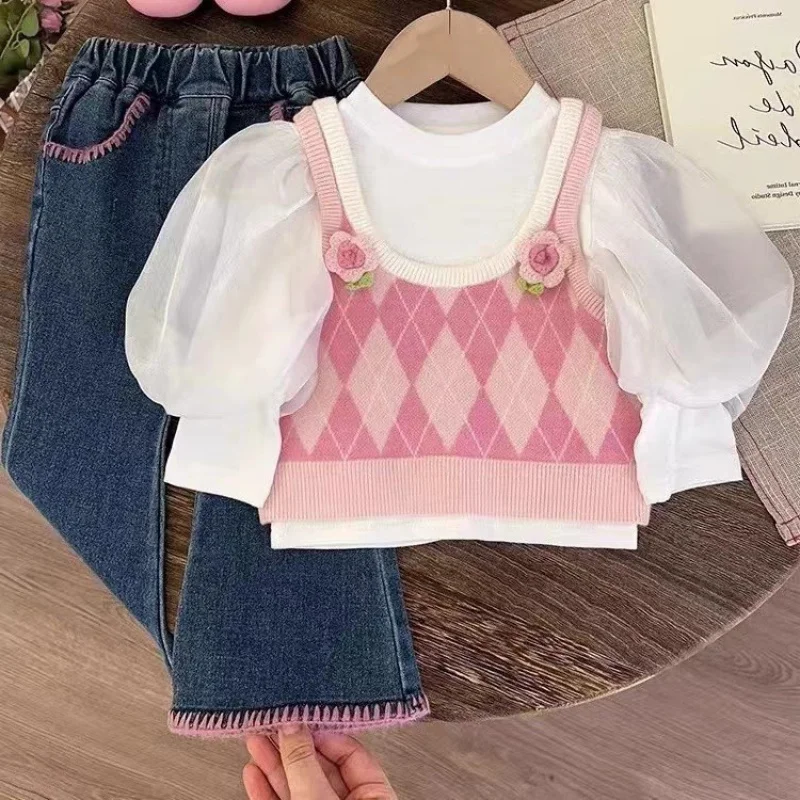 

New Girls' Autumn Clothing Suits Baby Girl Knitted Vest Bottoming Sweater Children's Jeans Three-Piece Set