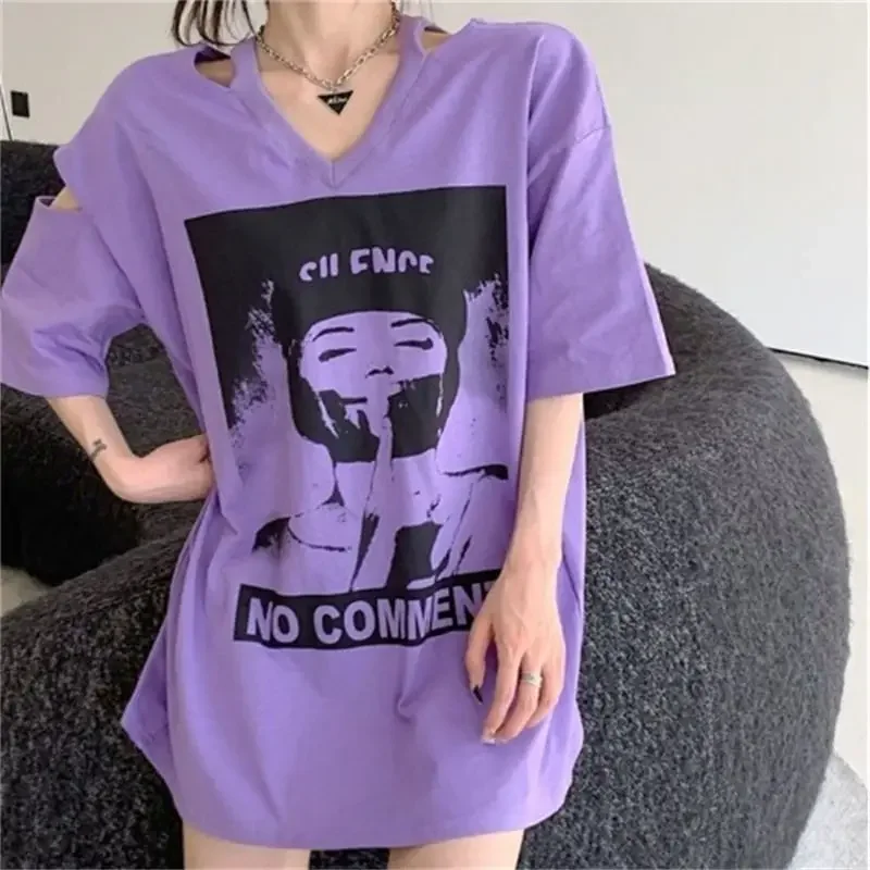 

DAYIFUN-Women's Hollow Out Design T-Shirt Purple Short Sleeve V-Neck Medium Long Loose Tees Large Size Printed Women Tops Summer