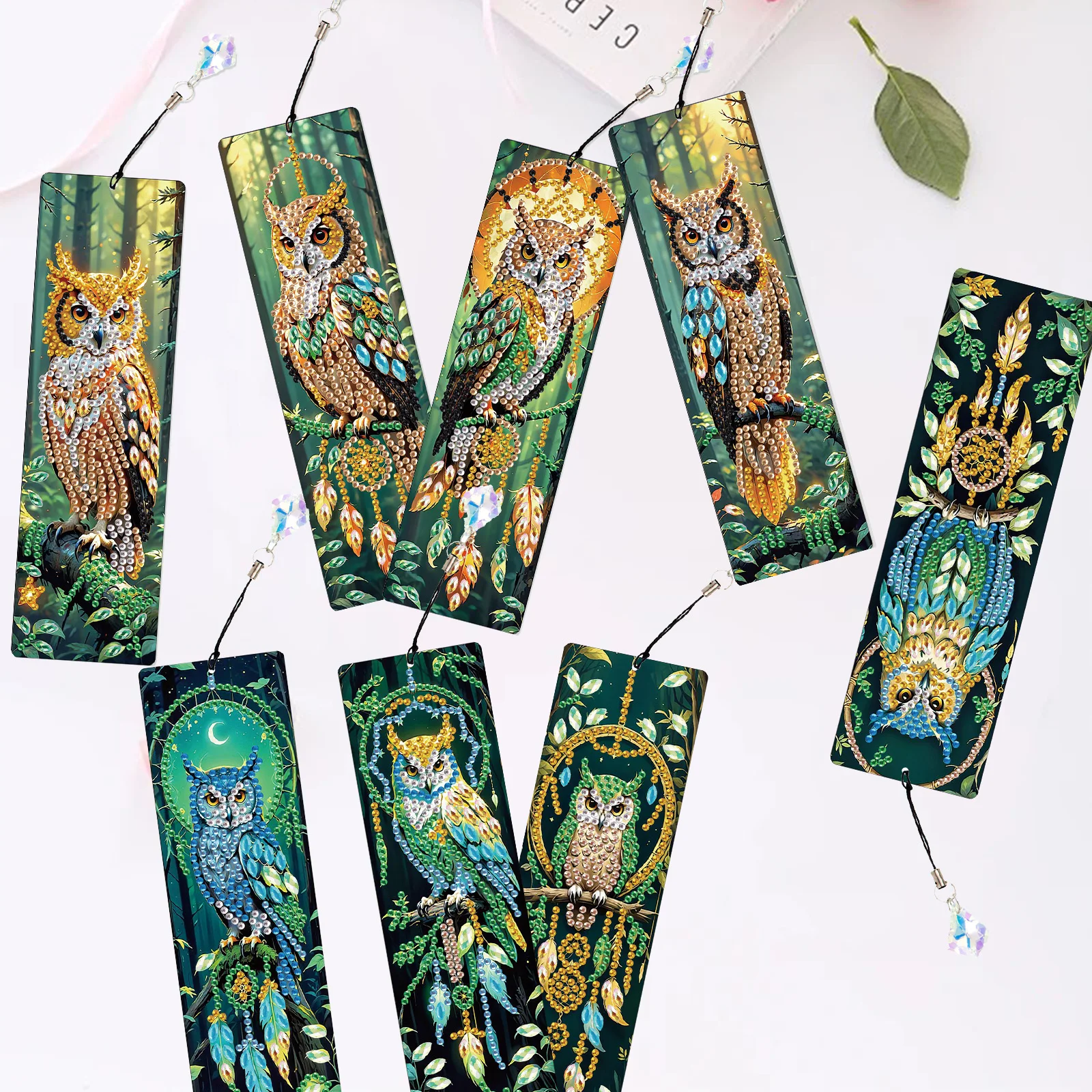 

8PCS Diamond Art Painting Bookmarks kits,Colorful owls DIY Diamond Art Pendant Supplies Shining Bookmarks Handmade Office Gifts