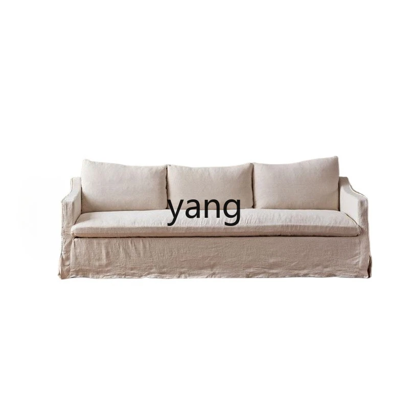 

TGF retro washed cotton and linen down latex sofa, Japanese-style wabi sabi white linen three-person sofa