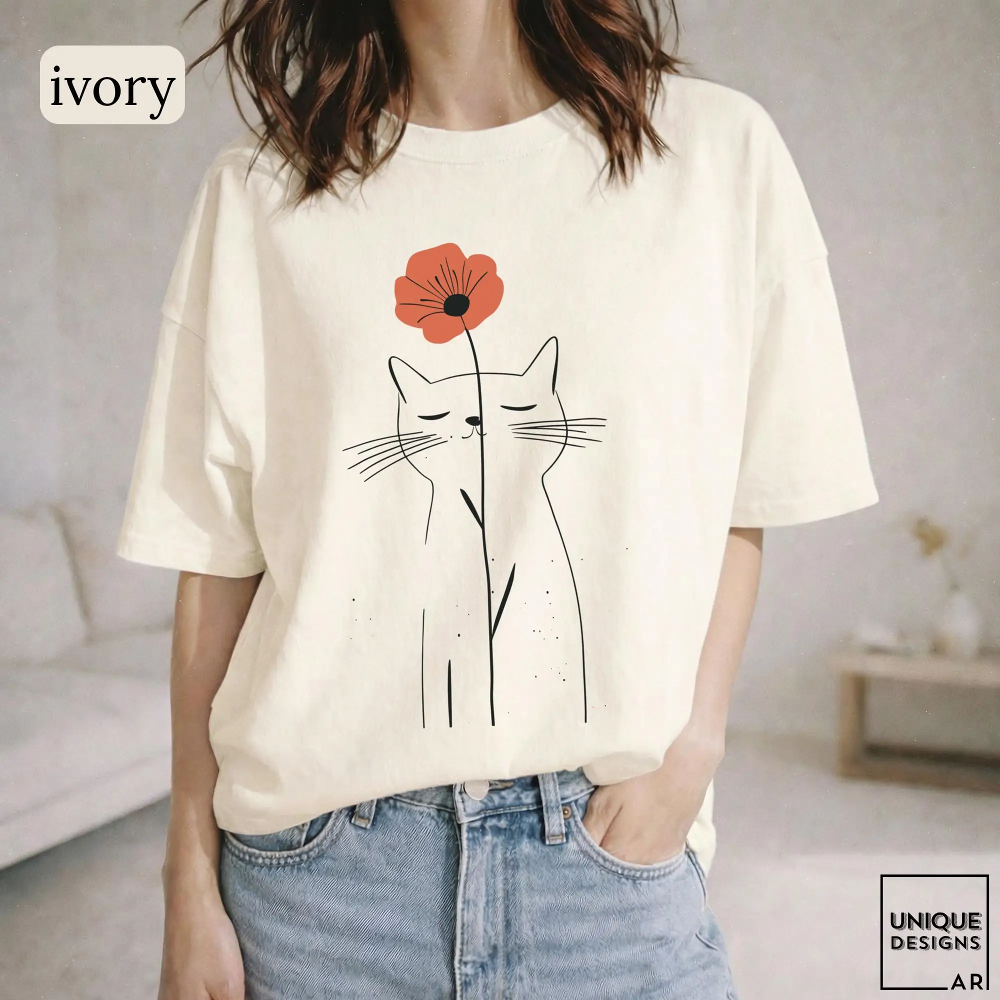 Minimalist Cat Flower Shirt Cute Cat Lover Gift For Her Floral Line Art T-Shirt  Women Tshirt Ladies Tops Casual Summer Clothes