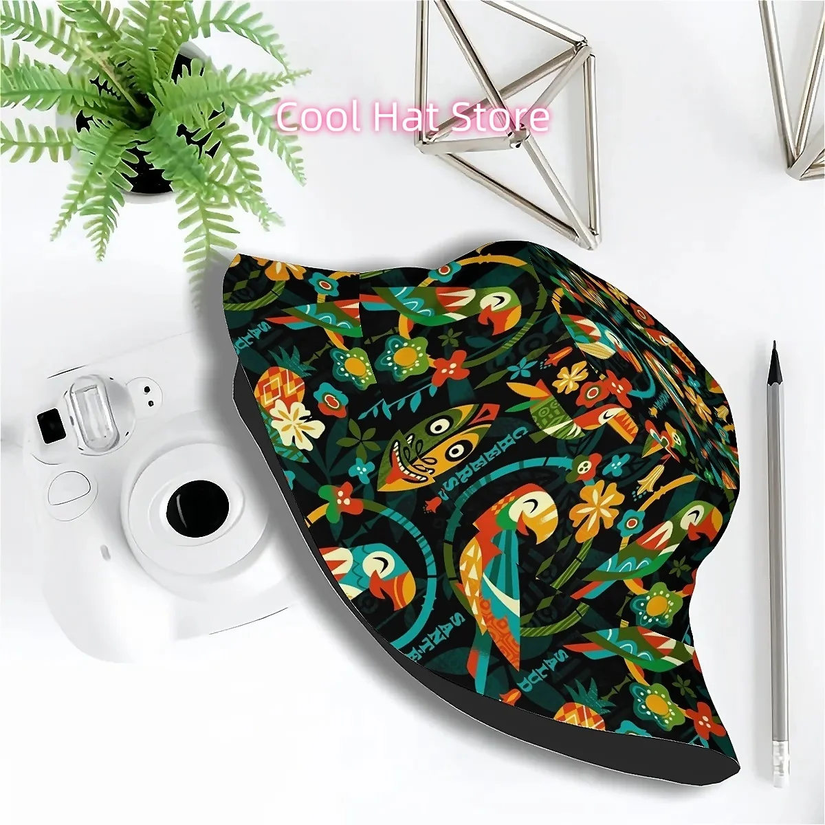 1pc Tiki Parrot Tropical Seamless Pattern Unisex Printed Fisherman Hat, Stylish Hat with Fun Personality, Outdoor Vacation Golf