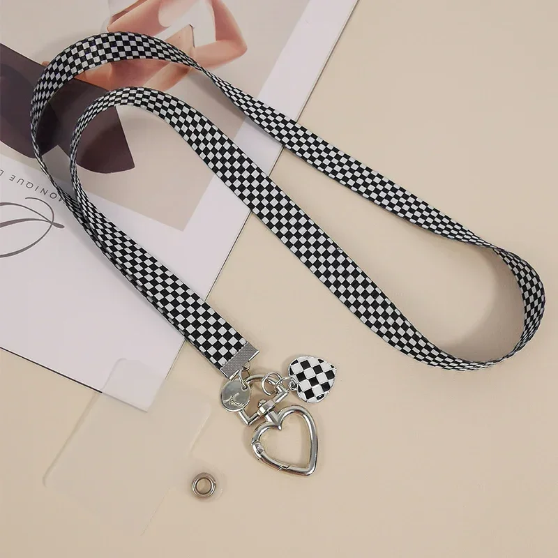 Mobile Phone Lanyard Black and White Checkered Long Diagonal Shoulder Strap Neck Strap Love Buckle Pendant Anti Loss Lanyard