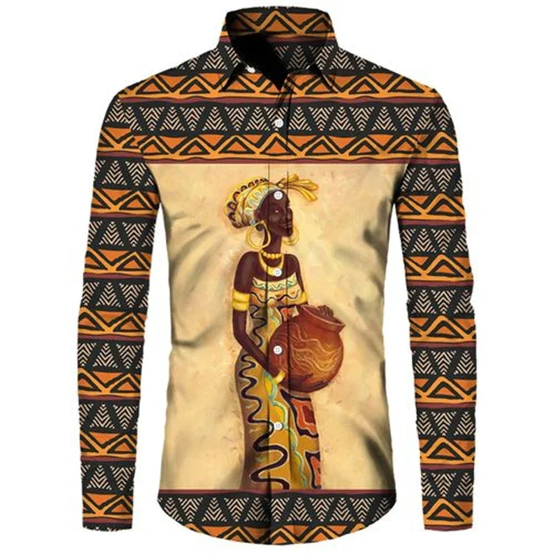 Ethnic Style African Girl 3D Print Long Sleeve Button Shirts For Men Women Dashiki Folk Custom Vintage Tops Couple Clothes Shirt