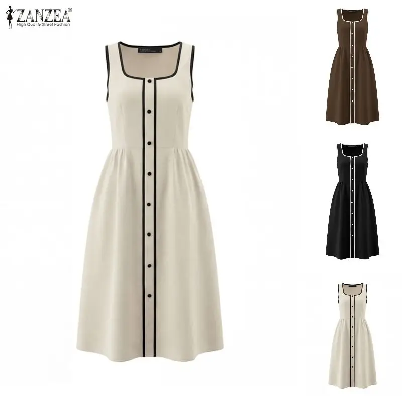 ZANZEA Sommer Elegantes Ärmelloses Kleid Damen Quadratischer Ausschnitt Sommerkleid Kurzarm Patchwork Arbeitskleid Lässiges Urlaubs-Midikleid