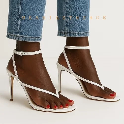 Beige Black Cross Straps Flip-flop Gladiator Sandals Women Pointed OpenToe Stiletto High Heels Thong Shoes Sandals Dress Shoes view 4