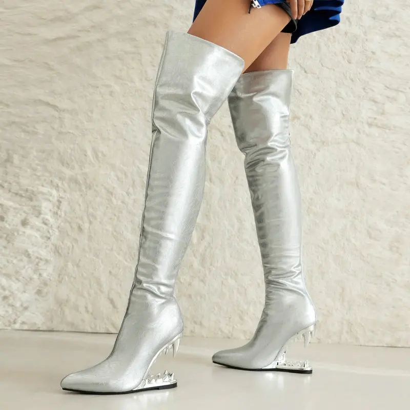 Tiger Teeth Shark Mouth Tooth Hallow Heels Women Overknees Wide Calves Silver Yellow Over-the-knee Luxury Women Thigh Long Boots