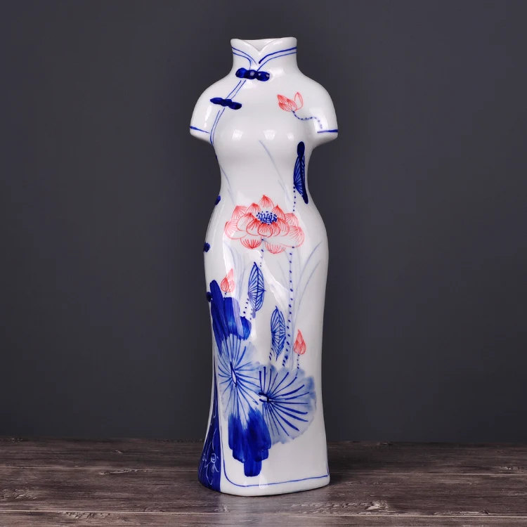 

Desktop ornaments ceramic creative blue and white porcelain handicrafts cheongsam shape suitable home Bogu rack decoration gifts