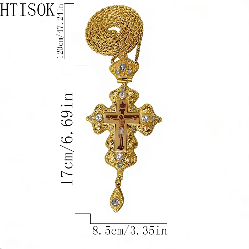

New Luxury Crystal Embellished Orthodox Priest Cross Necklace Large Gold Pectoral Crucifix for Religious Ceremony Worship Gift