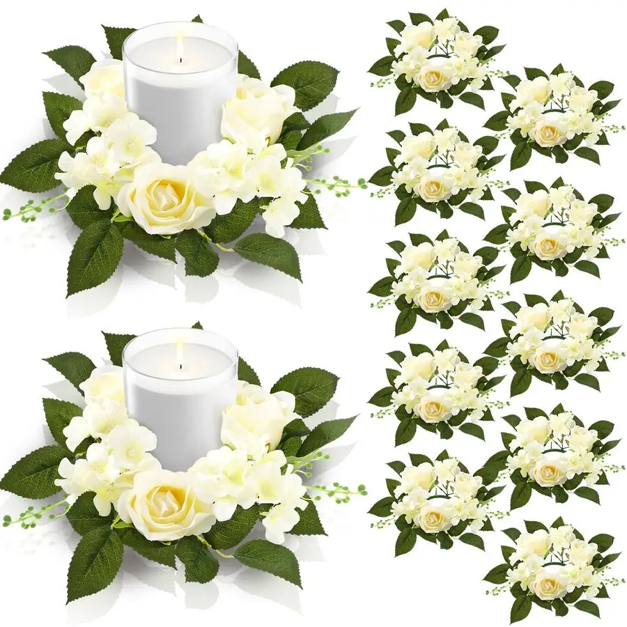 

12 Pcs Wedding Rose Candle Rings Artificial Floral Wreaths with Green Leaves Flower Candle Rings Candleholders Garland for Pilla