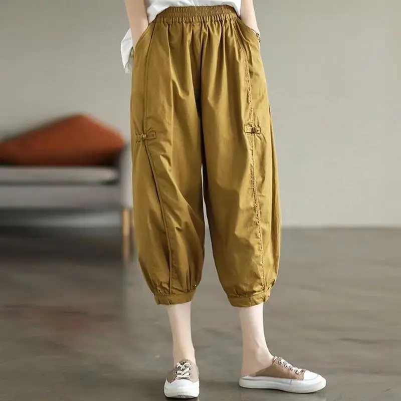 Cotton Seven Points Fashion Bloomers Trousers for Women Summer Thin Elastic High Waist Solid Color Pockets Casual Harem Pants