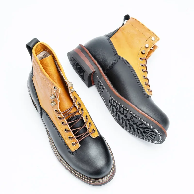 First Layer Cow Leather Retro Tooling Boots Men's Leather Stitching Round Toe Short Boots Men Black