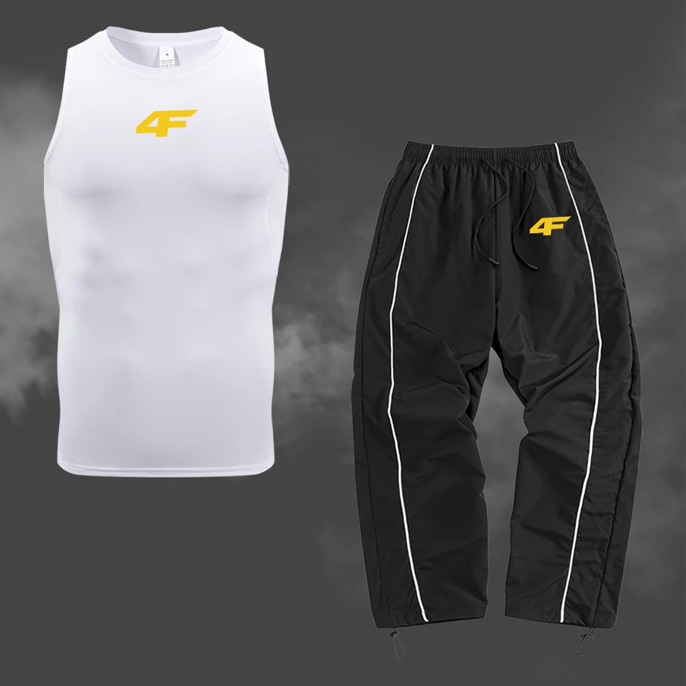 Summer Men's Printed Gym Set Quick Drying Sleeveless Vest With Drawstring Jogger Pants Outdoor Running Training Casual Set