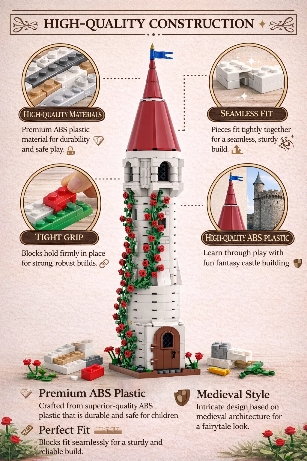 Bloc de construction de particules MOC, tour de roses assemblée, ornement de fleur, jouet éducatif, modèle de château, Architecture moderne
