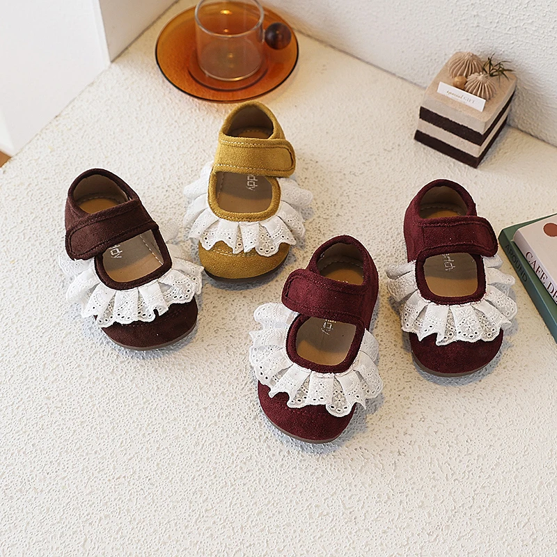 

Детские туфли Мэри Джейн на плоской подошве в стиле ретро для девочек, весна-осень 2026, с кружевной отделкой, мягкой нескользящей подошвой, кожаные, для малышей
