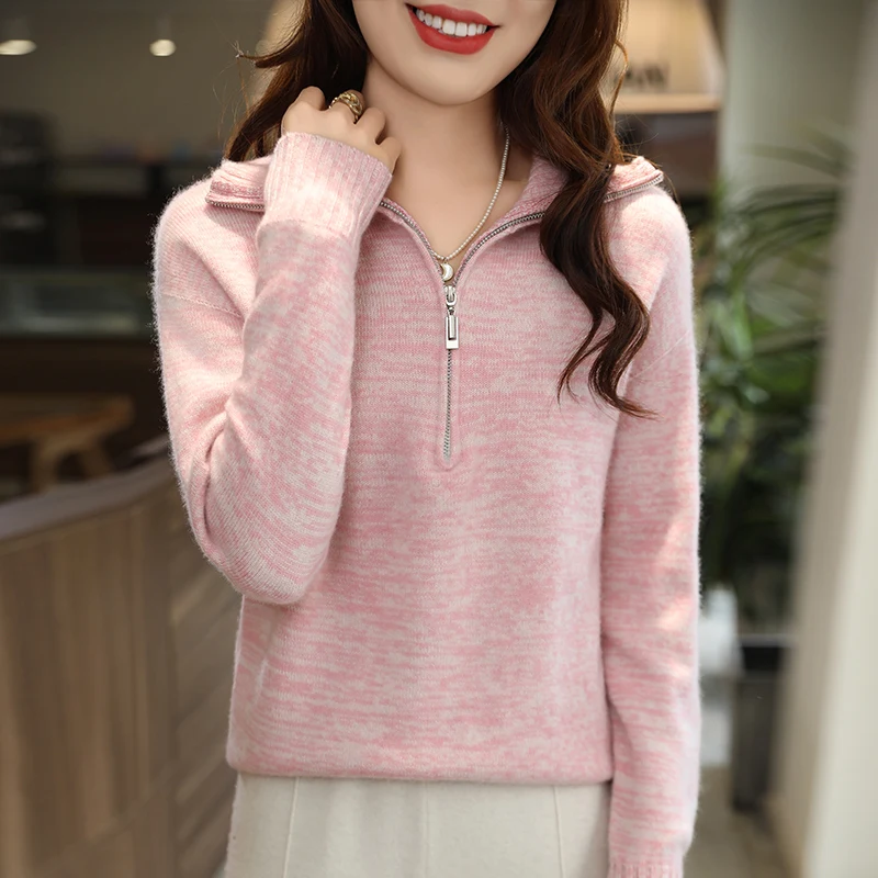 Autumn/Winter new women's sweater 100% Merino wool lapel pullover Fashion light luxury floral yarn warm base knit shirt