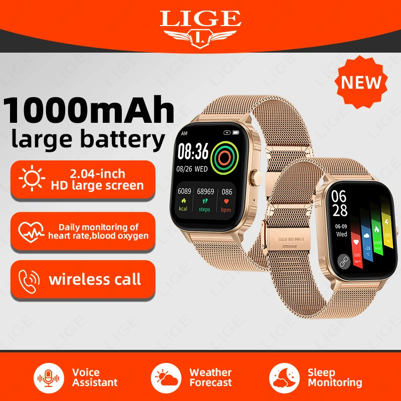 

2025 New 1000mah Large Battery Smart Watch Men Women 2.04'' Screen Bluetooth Call Watches Heart Rate Sport Waterproof Smartwatch